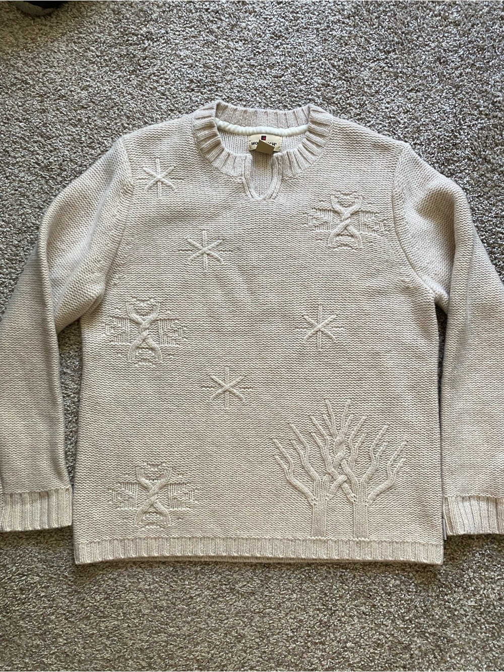 Woolrich V-Neck Lambs Wool Sweater Sz Medium Oatmeal Cream Star Snowflake Tree